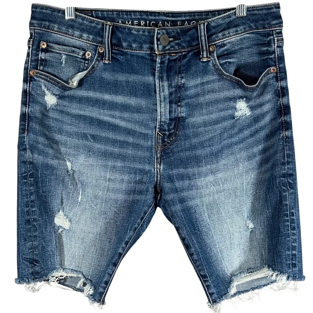 American Eagle Airflex+ Mens Distressed Denim Shorts Blue Medium Wash Size 34